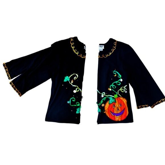 VTG  Jack B Quick Jack O Lantern Top Small  Halloween Black Embellished Applique - Picture 8 of 12